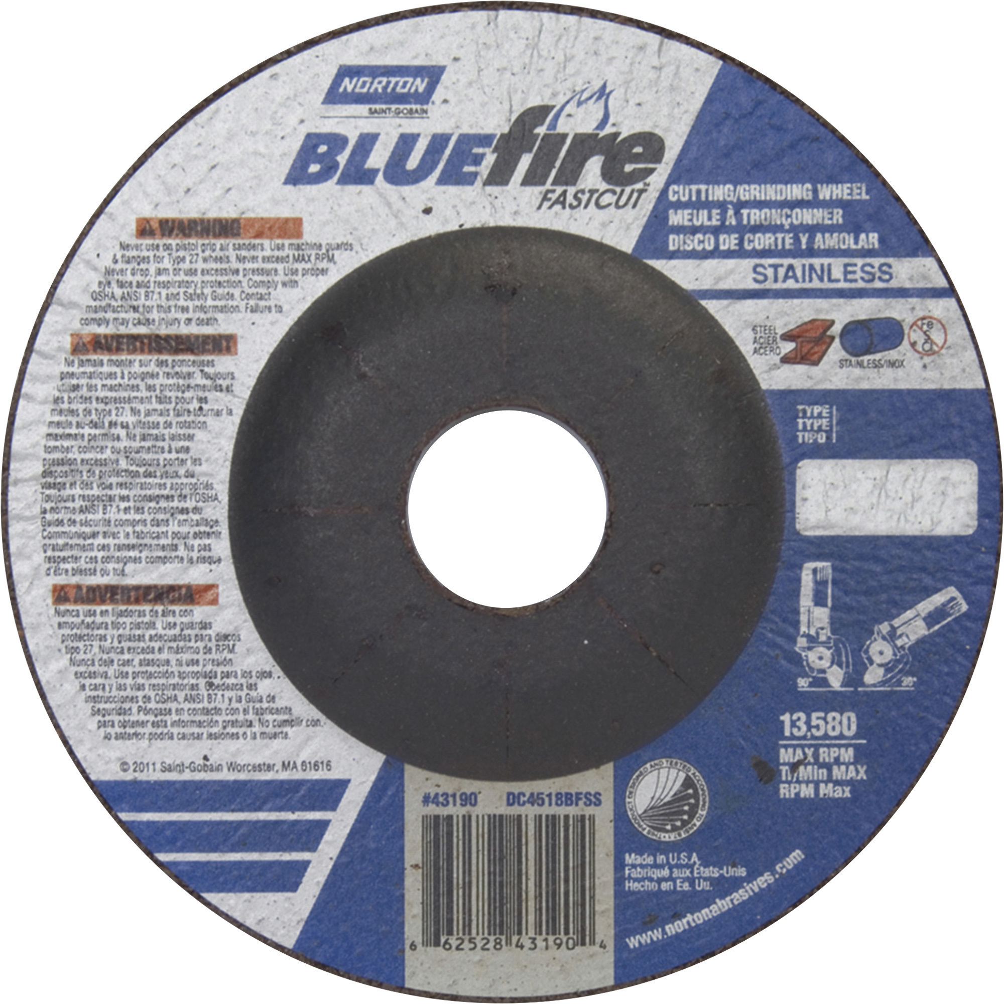 Norton Bluefire Type 27 Cutting/Grinding Wheel — 4 1/2in. x 1/8in. x 7/8in., Zirconia Alumina